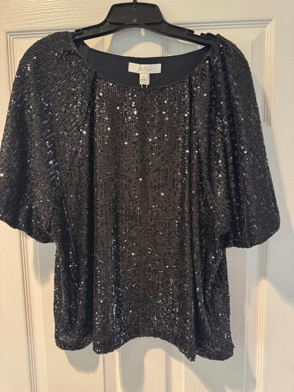 NEW Lilly Pulitzer Black Sequin Puff-Sleeve Top- XL - Picture 2 of 8